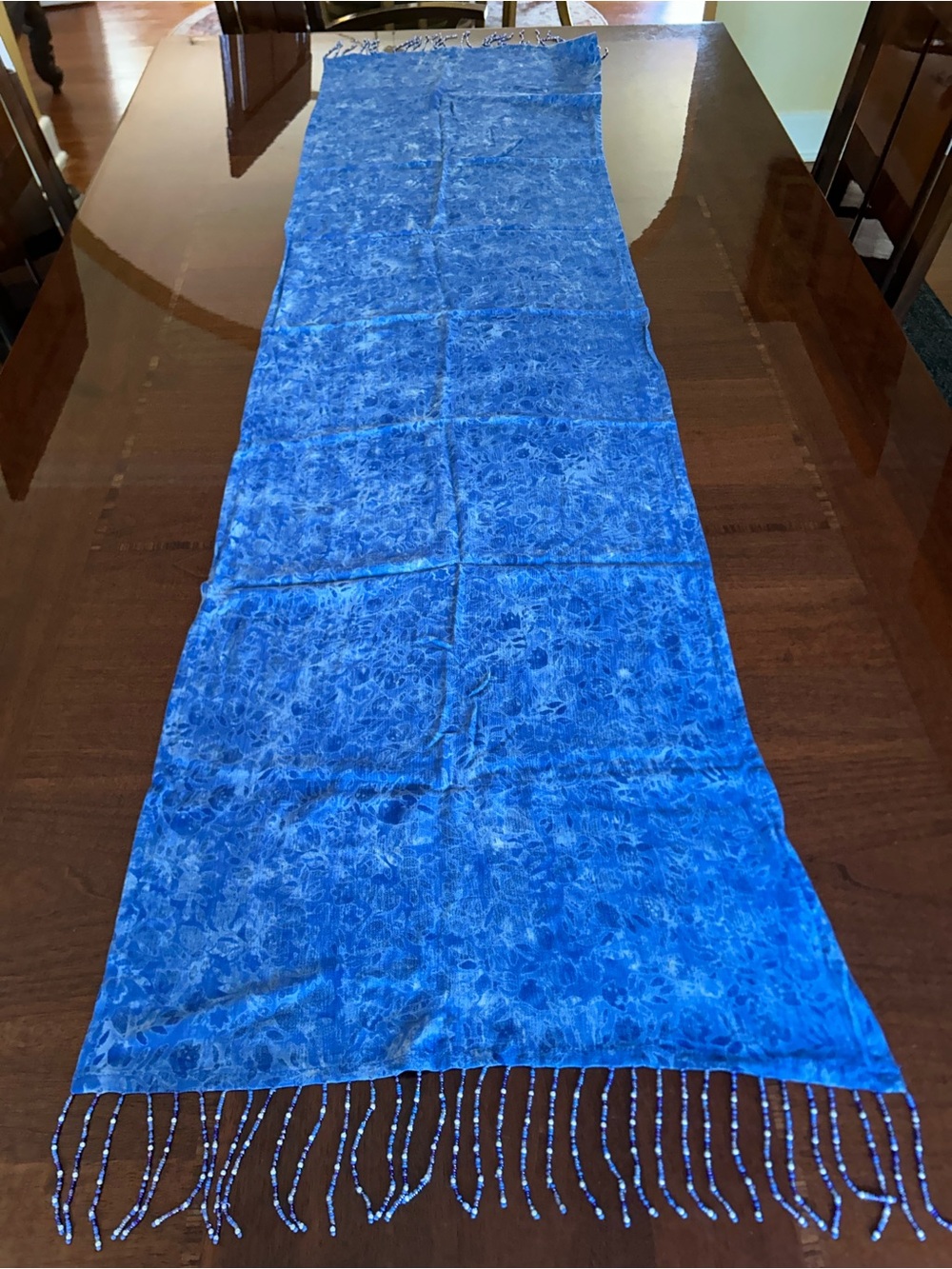 Blue Beaded Fringe Women's Scarf 19“ x 71“ - Picture 6 of 8
